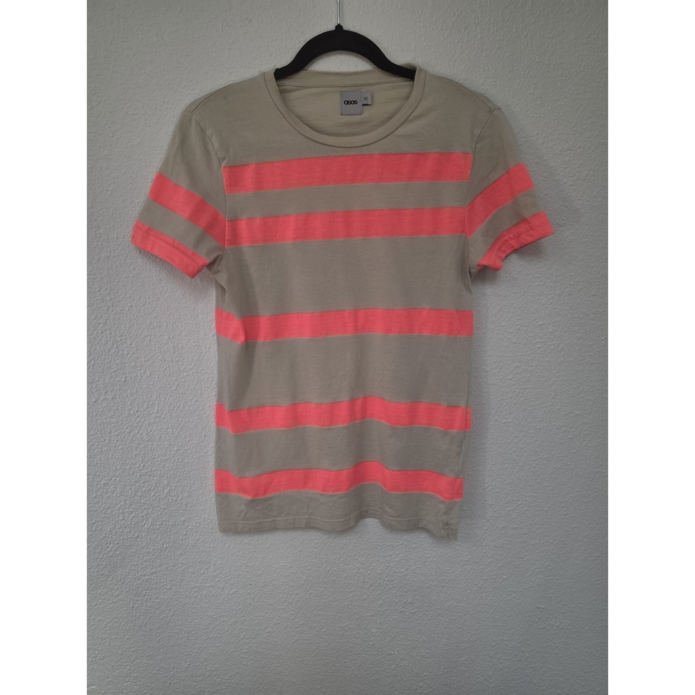 ASOS Women XS Striped Crew Neck T-Shirt Beige Neon Pink Casual Tee Top